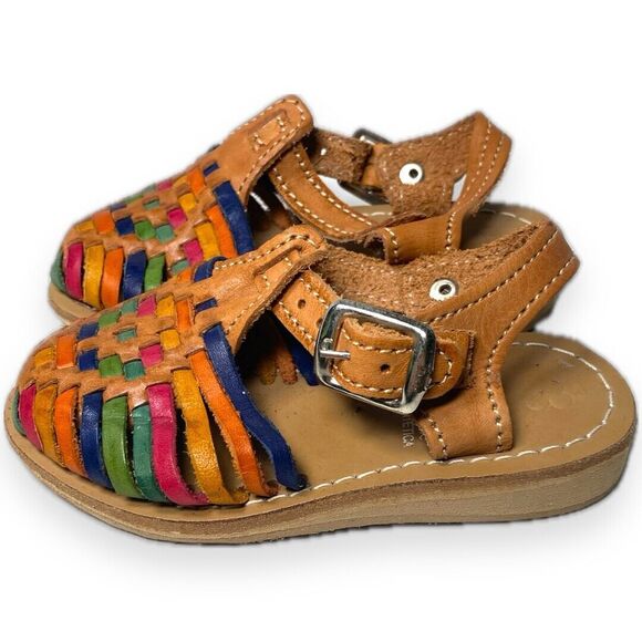 Child Mexican Huarache Sandals Sz 4 | Handmade Leather Closed-Toe Multi-Colored - Picture 3 of 8